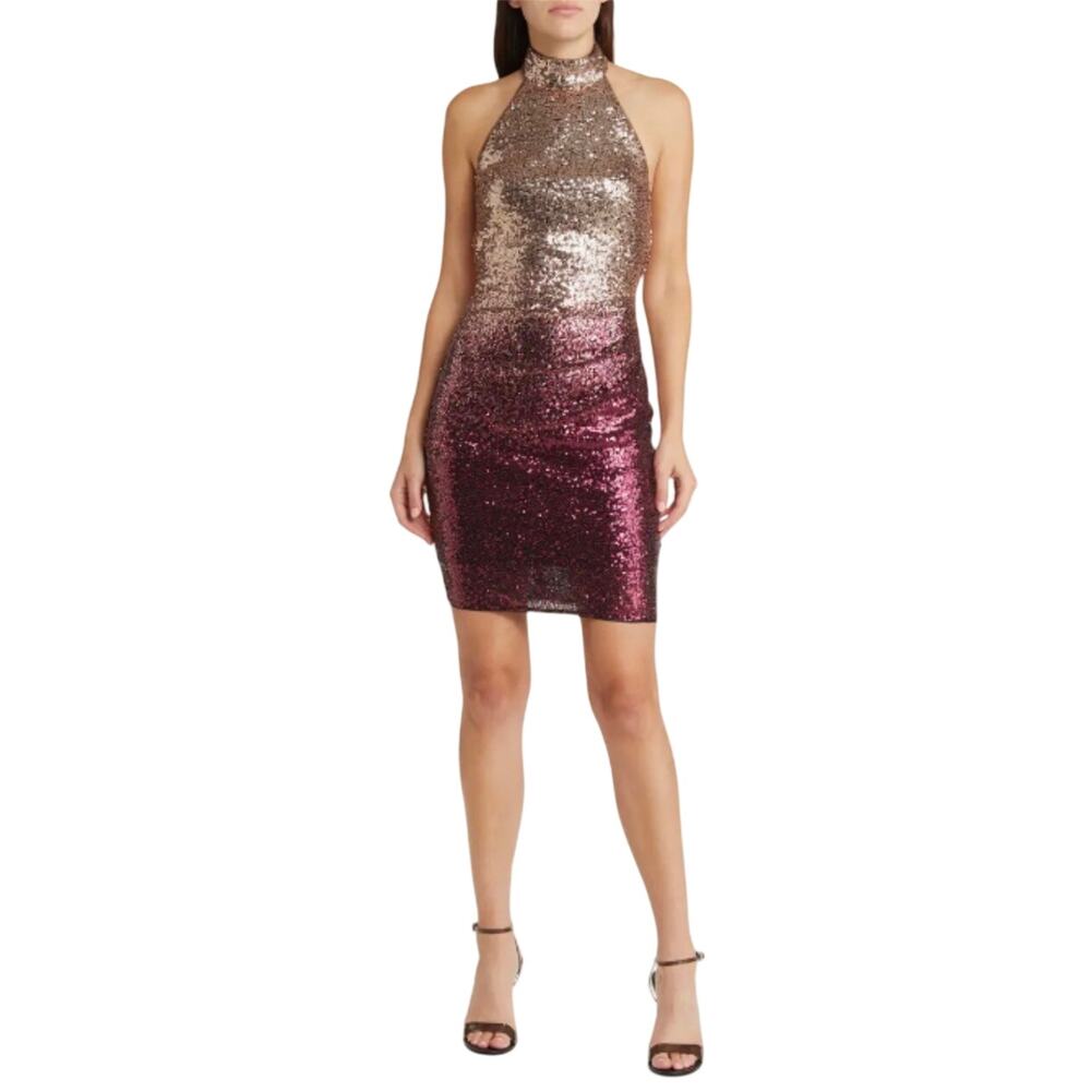Badgley Mischka Rose Gold to Burgundy Sequin Halter Backless Dress